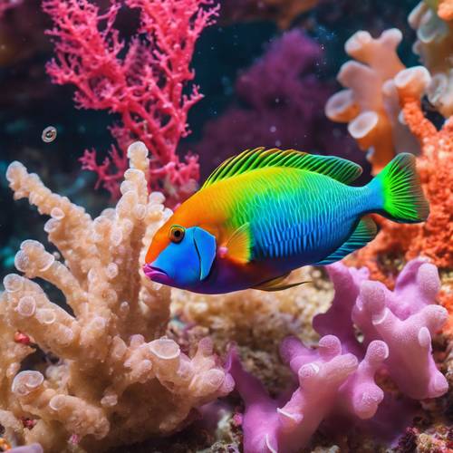 一只色彩鲜艳的鹦嘴鱼正在啃食色彩斑斓的珊瑚。