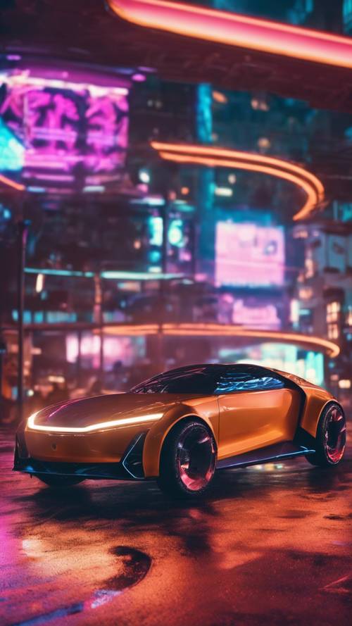 Um carro futurista acelerando em uma rua da cidade iluminada por néon à noite.