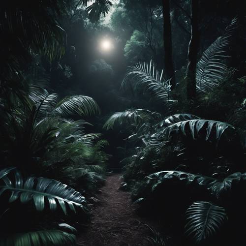 Gece yarısı tropik bir yağmur ormanı, ay ışığı siyah, yoğun bitki örtüsünü hafifçe aydınlatıyor.