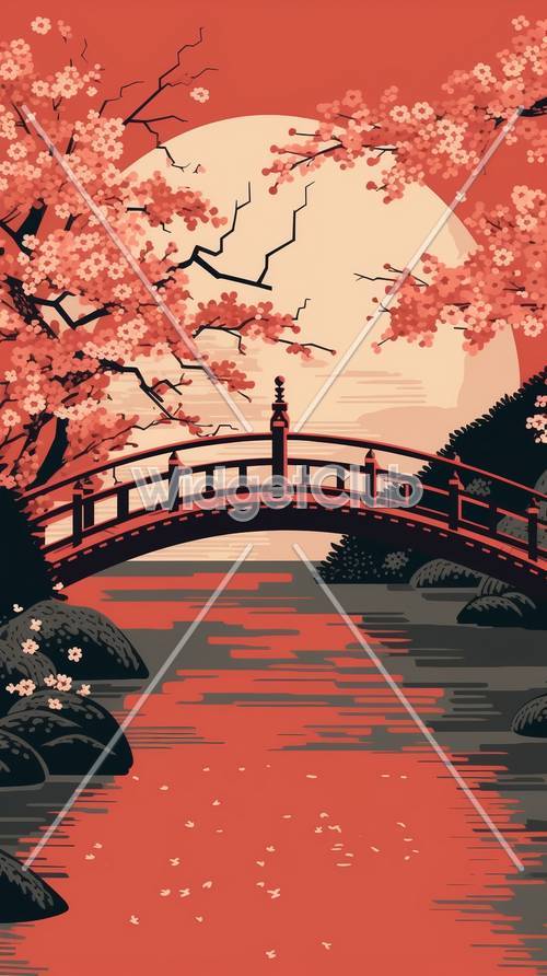 สะพานดอกซากุระข้ามแม่น้ำอันเงียบสงบ