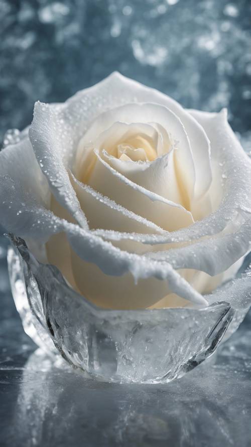 An intricate white rose blossom frozen long in a crystal clear ice block.