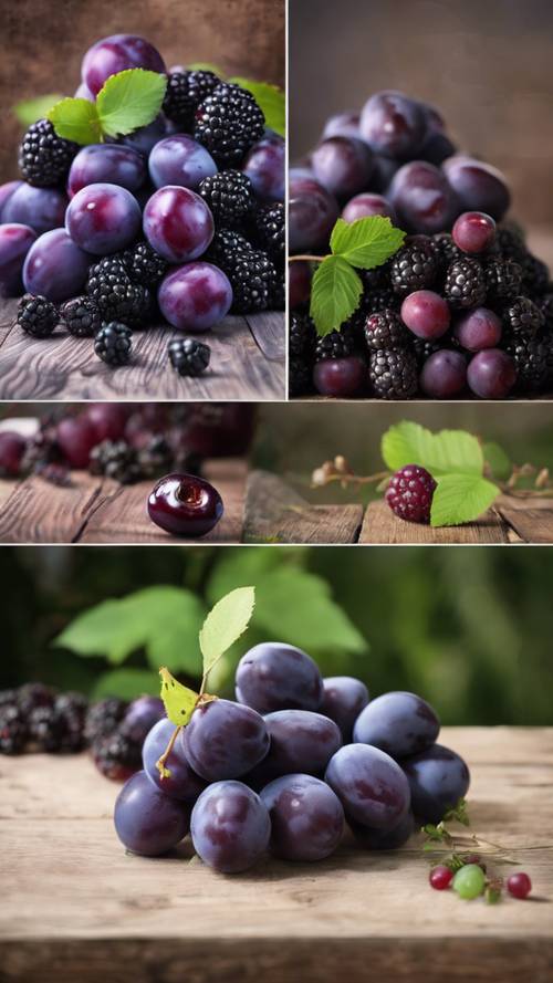 A collage of purple fruits like plums, grapes and blackberries on a rustic wooden table.