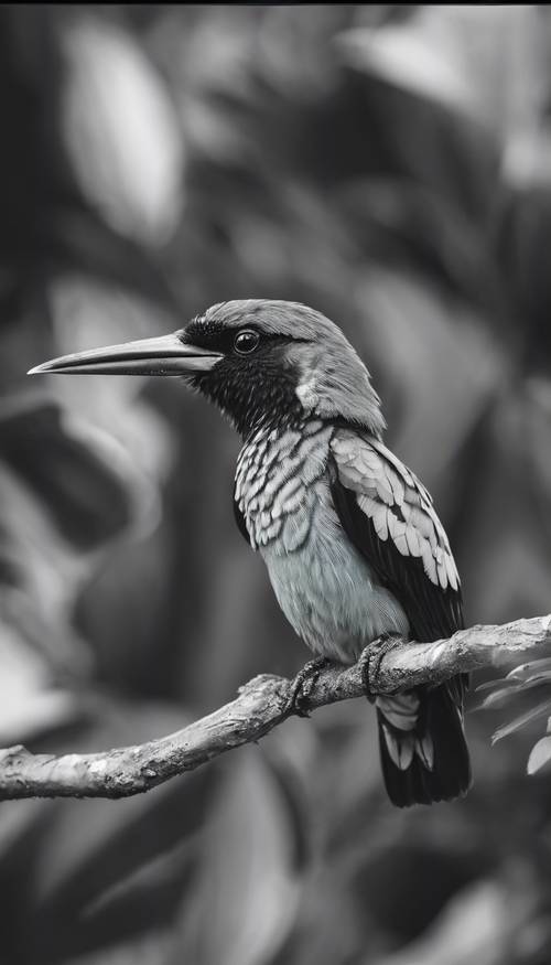 Canlı bir tropik kuş bir dalın üzerine tünemiş, ancak resimde yalnızca siyah ve beyaz tonlar görülüyor.