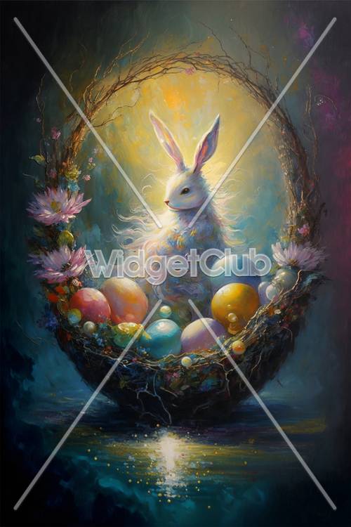 Очарованный пасхальный кролик и разноцветные яйца в волшебном гнезде