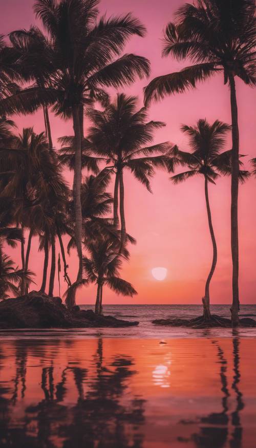 Matahari terbenam yang indah di atas pantai tropis, menyinari pemandangan dengan nuansa oranye dan merah muda. Siluet pohon palem di langit malam dan laut yang tenang mencerminkan warna-warna cerah.