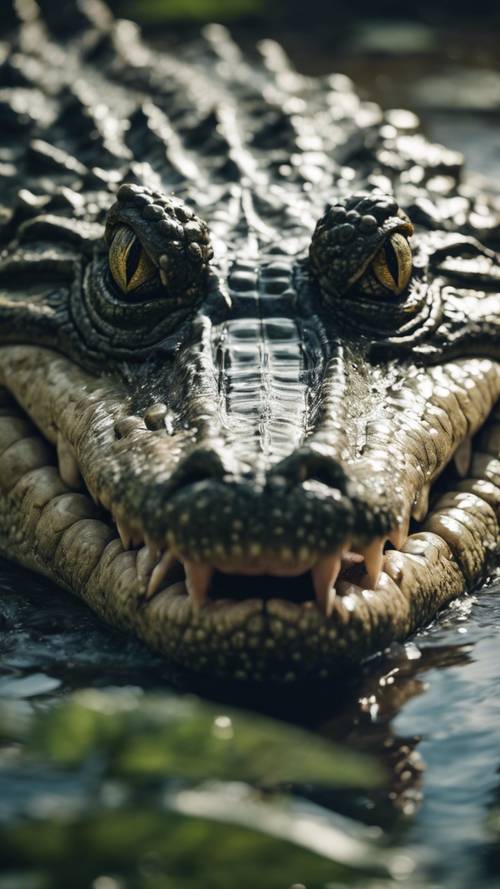 A crocodile stealthily submerged in a swamp, with only its eyes and snout visible.