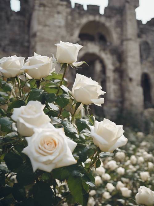 Weiße Rosen wachsen ungehindert auf den Ruinen einer vergessenen Burg.