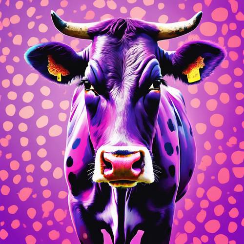 „Odlotowe, pop-artowe przedstawienie krowy w jaskrawe fioletowe i różowe plamy”.