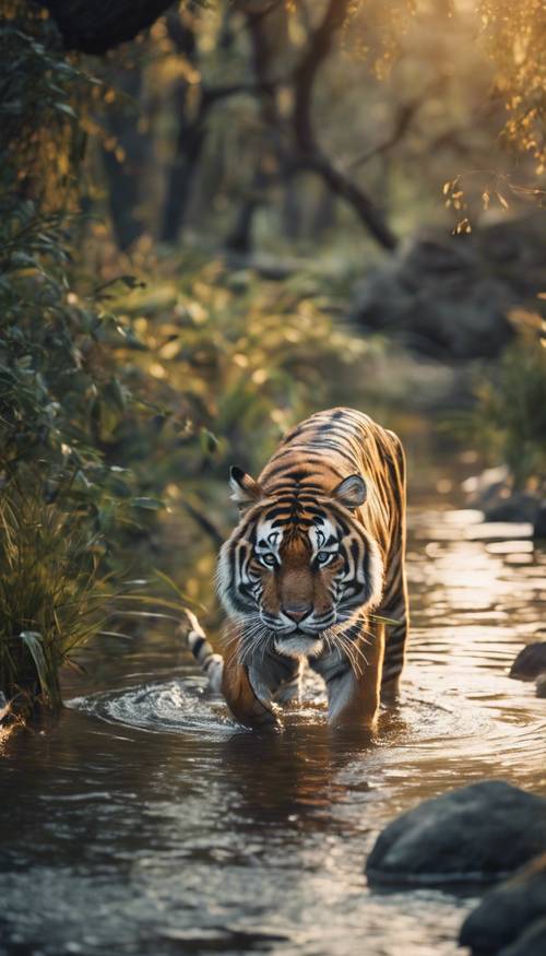 Một con hổ sọc duyên dáng lội qua dòng suối trong rừng thanh bình vào lúc hoàng hôn.