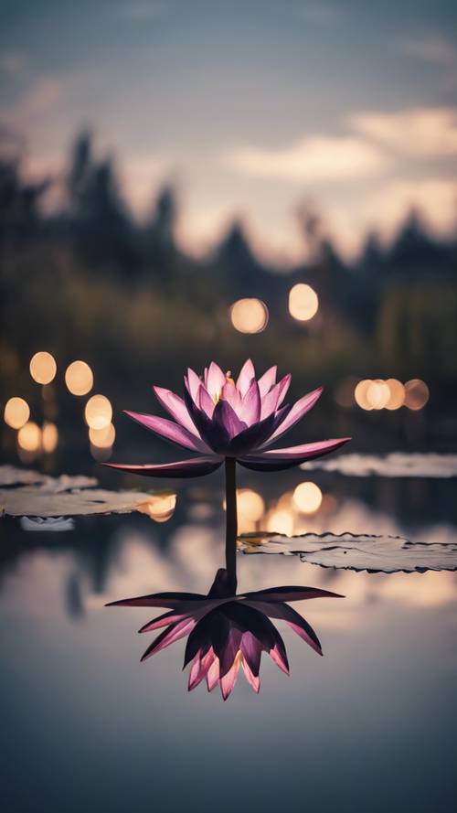 A reflection of a black water lily on the mirror-like surface of a tranquil midnight pond.