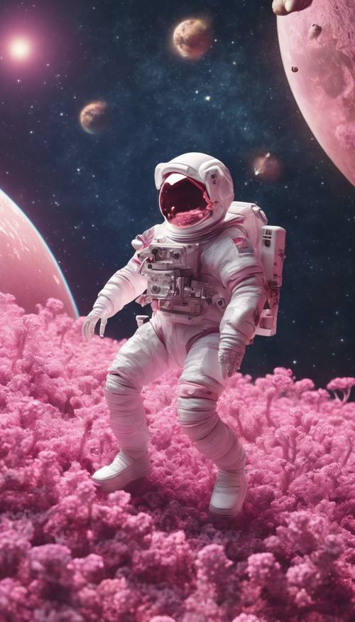 A pink skeleton astronaut floating in the space with Earth in the background.