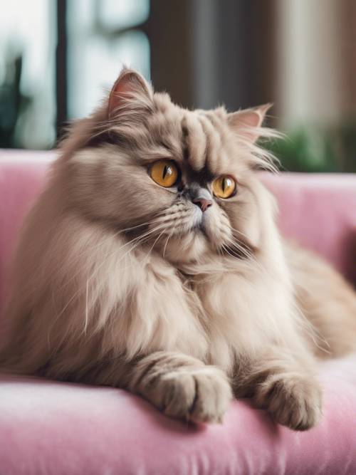 Một chú mèo Ba Tư với đôi mắt vàng đang nằm dài trên chiếc đệm nhung màu hồng sang trọng.