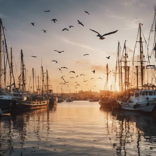 Um porto movimentado ao pôr do sol, com barcos de pesca retornando e gaivotas voando no alto.