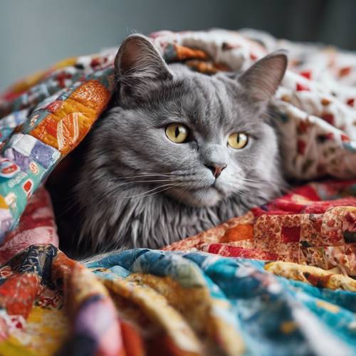 Seekor kucing abu-abu tua dengan nyaman terbungkus selimut warna-warni.