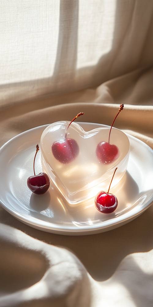 Postre de corazón de cereza en un plato