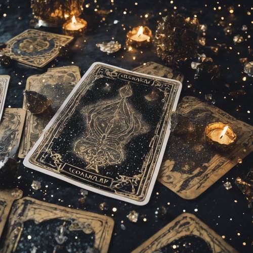 Paillettes noires réparties sur un jeu de cartes de tarot