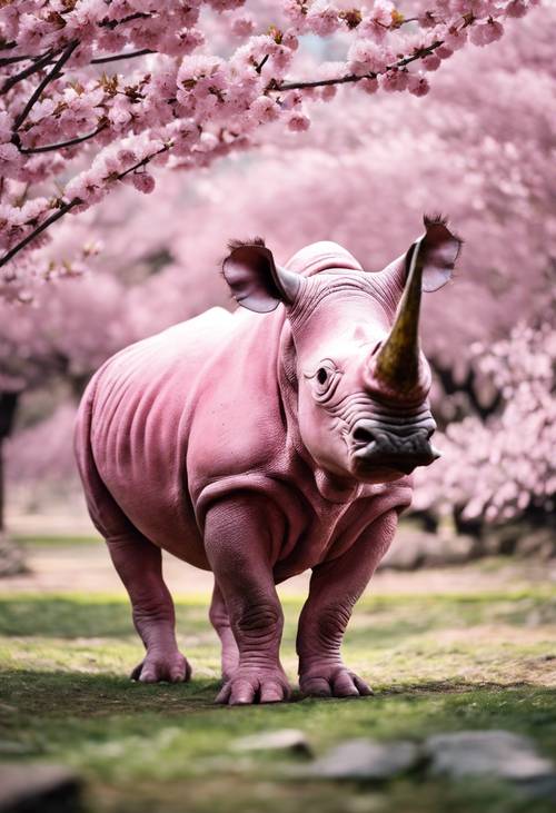 Um raro rinoceronte rosa se aquecendo sob as cerejeiras na primavera.