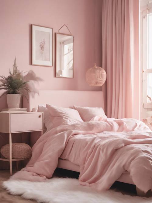 A calming bedroom interior in pastel pink tones.