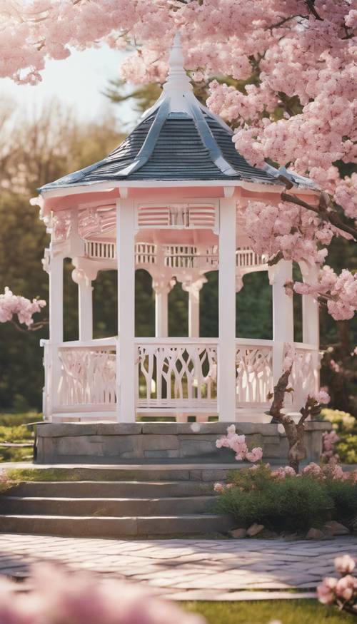 분홍빛 벚꽃나무가 가득한 정원에 자리한 고풍스러운 흰색 전망대입니다.