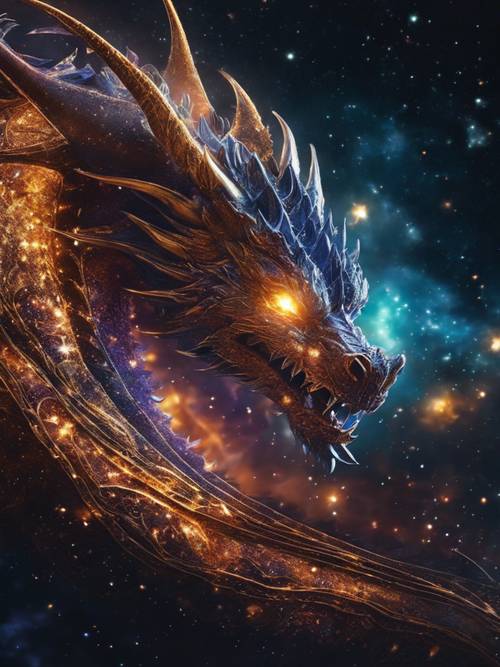Un dragón cósmico, cuyo cuerpo está compuesto de estrellas centelleantes y gases nebulosos, que atraviesa galaxias.
