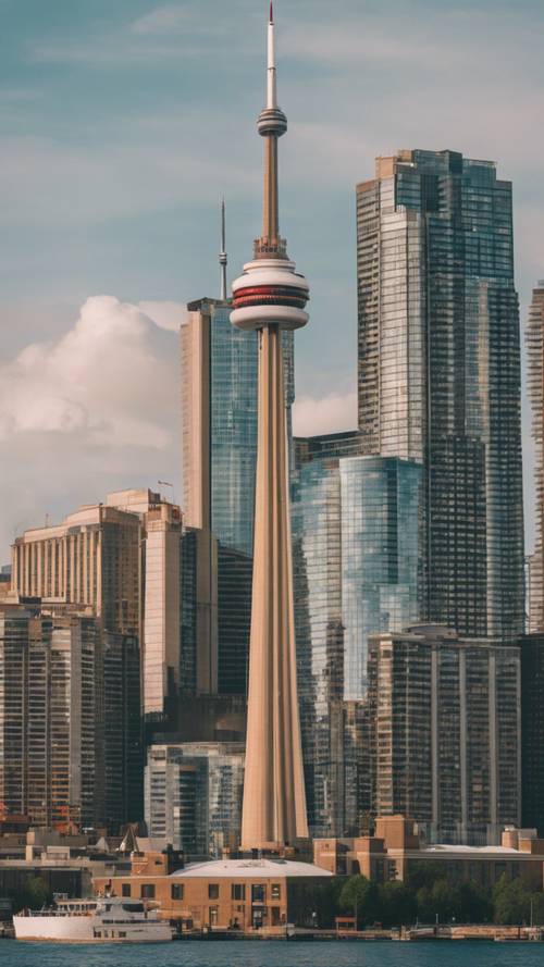 Una vista sullo skyline di Toronto in stile cartolina, con in primo piano la CN Tower.