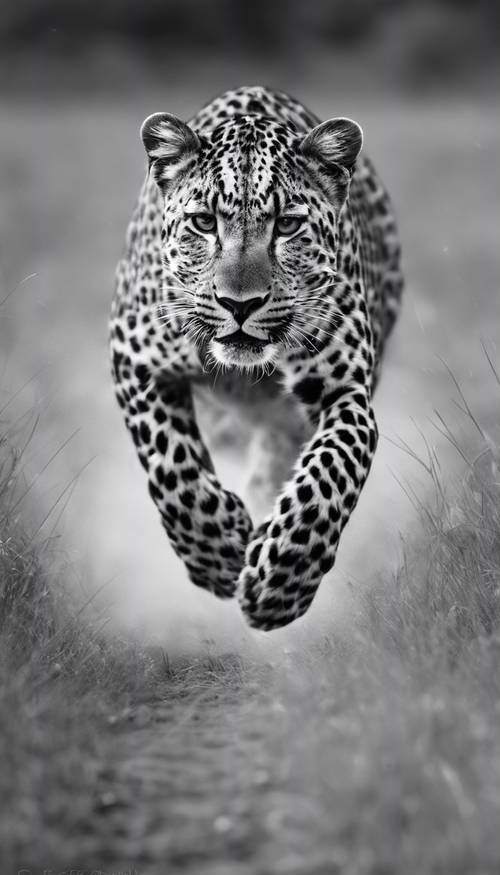 Леопард, бегущий на полной скорости по открытому полю, запечатлен в потрясающих черно-белых деталях.