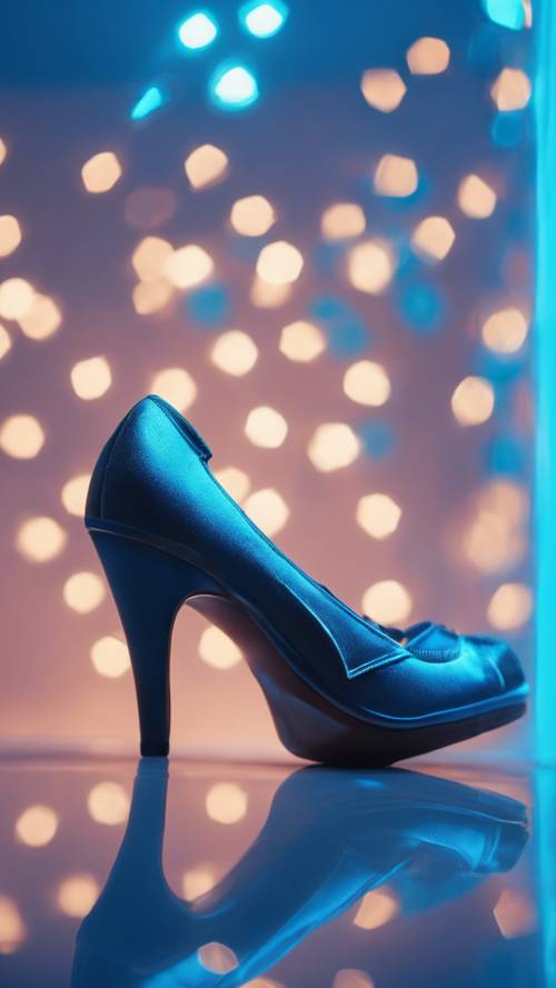 一雙優雅的高跟鞋，沐浴在強烈的霓虹藍色光芒中。