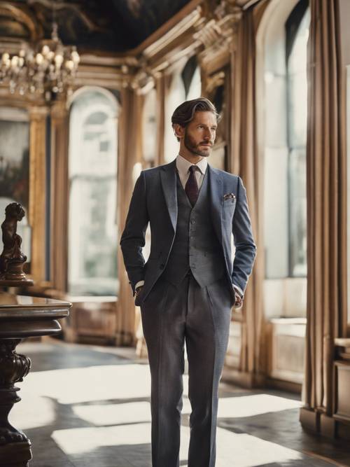 Un hombre elegante que viste un traje hecho a medida mira con atención una obra de arte.