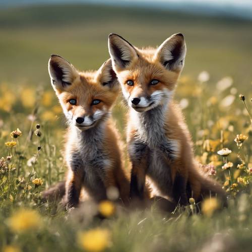 Два игривых щенка лисы резвятся весной в поле полевых цветов, в обрамлении гор на горизонте под безоблачным голубым небом.