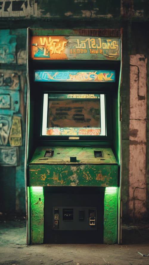 Un exterior melancólico, verde y estilo Y2K de una sala de juegos de videojuegos abandonada.