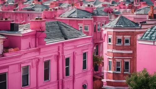 Pemandangan atap yang indah menghadap rumah-rumah petak bata merah muda cerah.