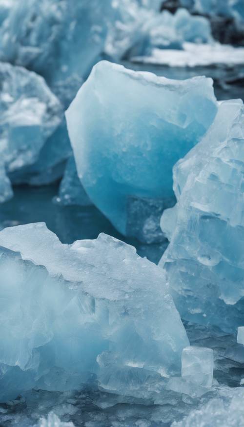 An up-close detail of the blue ice in a glacier during the day