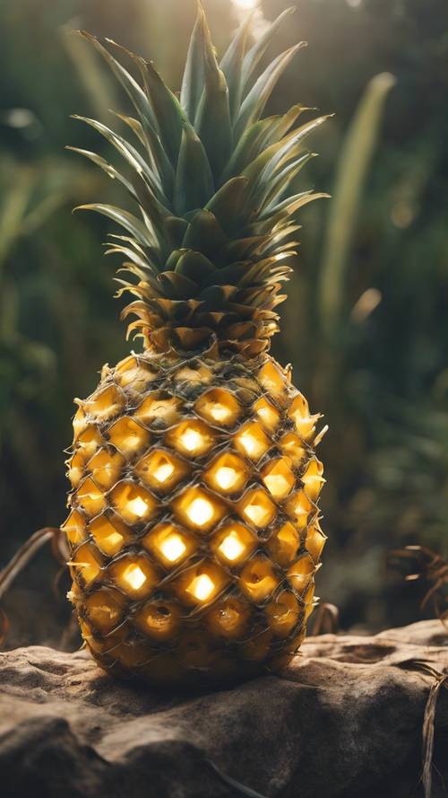Un ananas servant de lanterne de fortune en pleine nature.