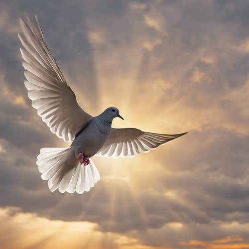 Một con chim bồ câu màu xám duyên dáng đang bay trên nền trời bình minh vàng óng.