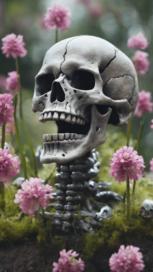Ein seltsam fröhlicher grauer Totenkopf, aus dessen Augenhöhlen Frühlingsblumen sprießen.