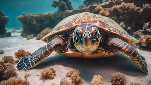Uma tartaruga marinha estacionada em um naufrágio esquecido, coberto de ferrugem e coral.