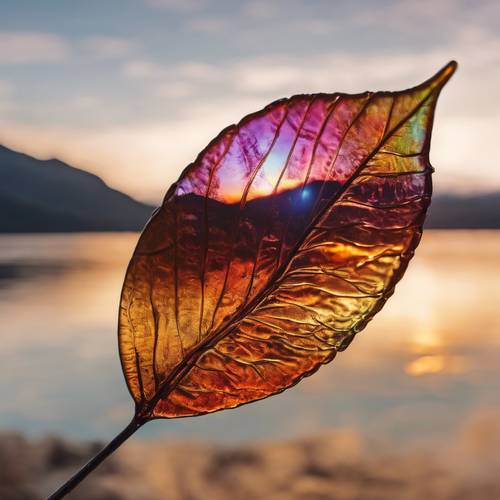 A transparent glass leaf reflecting the colors of a beautiful mountain sunset.