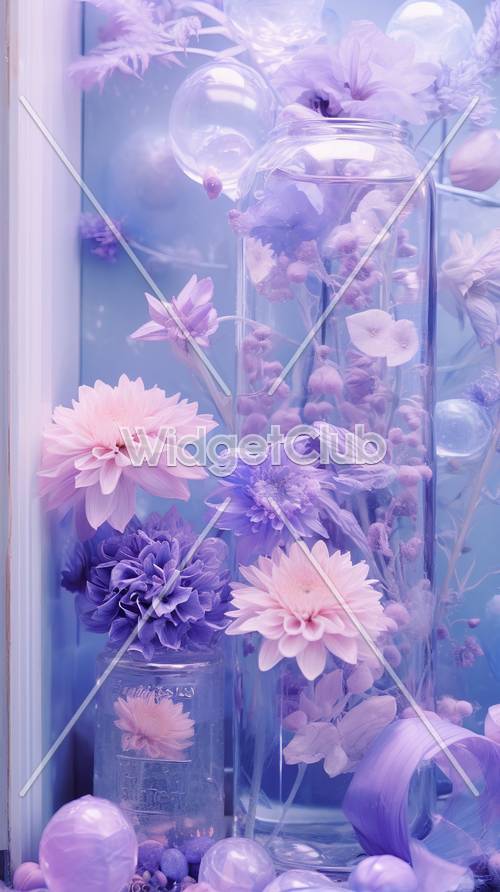 Purple Flowers in Blue Tinted Glass Vase