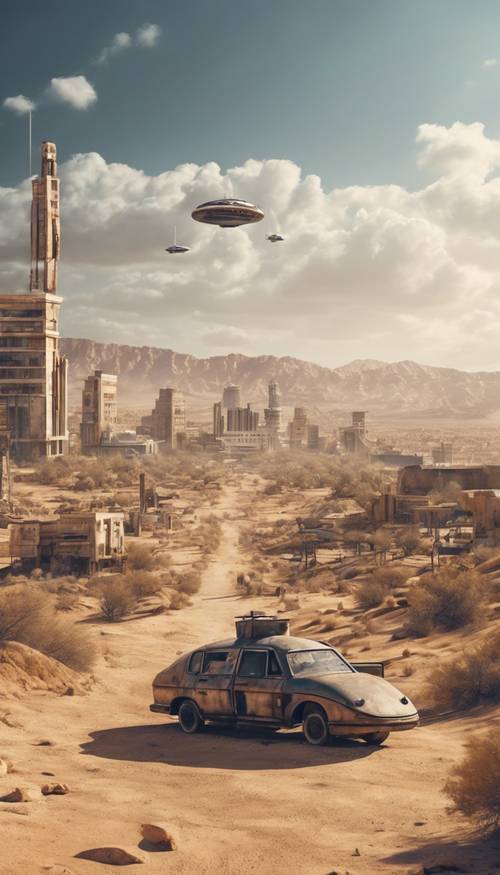 Kota pasca-apokaliptik di tengah gurun dengan hovercar di langit.