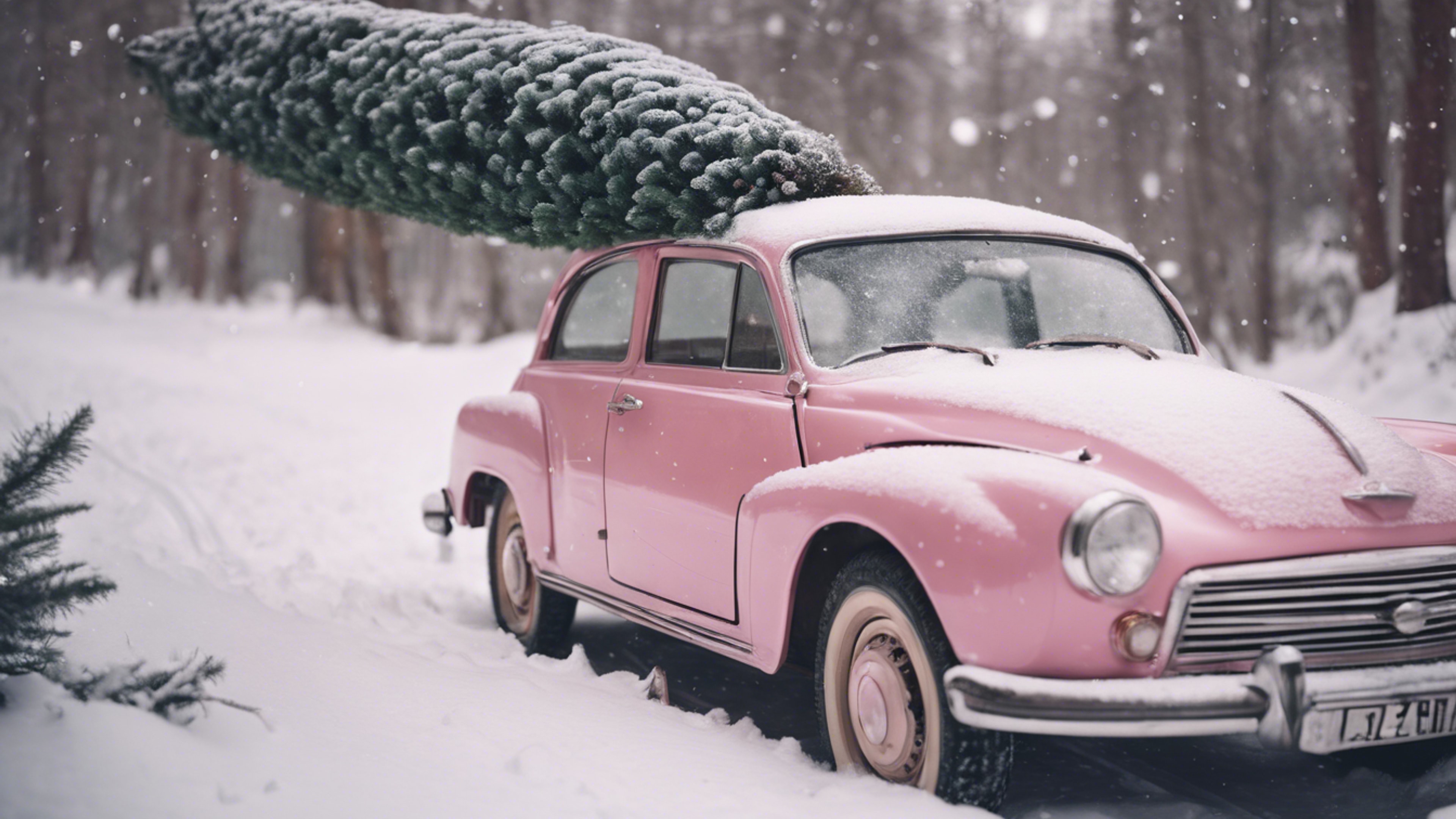 A retro pink car carrying a freshly cut Christmas tree on snowy roads. Tapet[b34e85bc5da446a1b888]