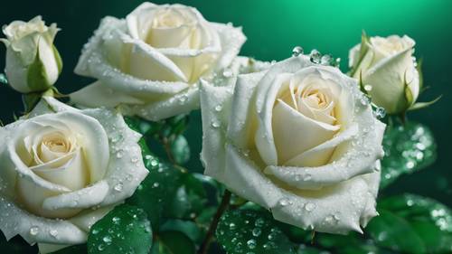 White roses with diamond dewdrops contrasting a lush emerald background.