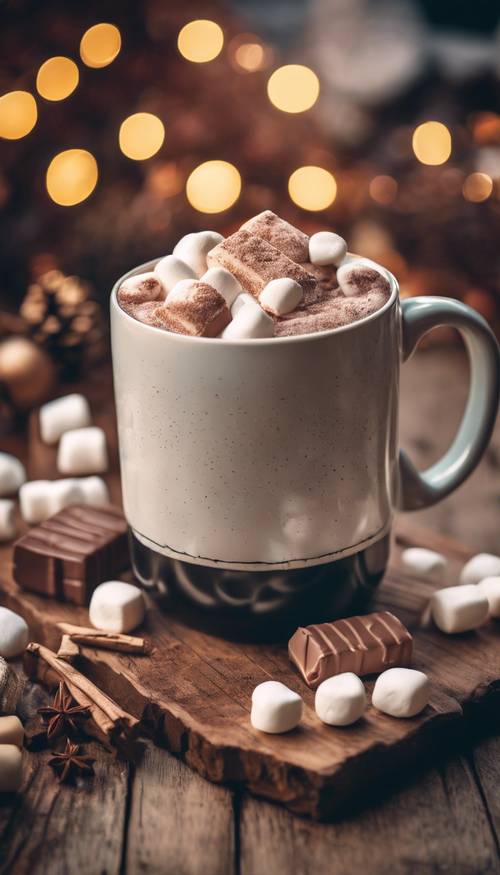 Mug with hot chocolate and a pile of marshmallows next to it, on a wooden table with holiday decor.