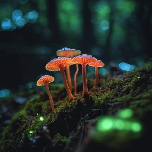 A fluorescent species of fungi illuminating a small patch of a dark jungle.