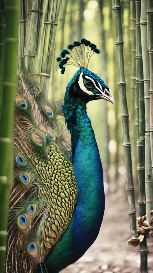 Seekor burung merak yang gagah memamerkan bulunya di tengah rerimbunan bambu