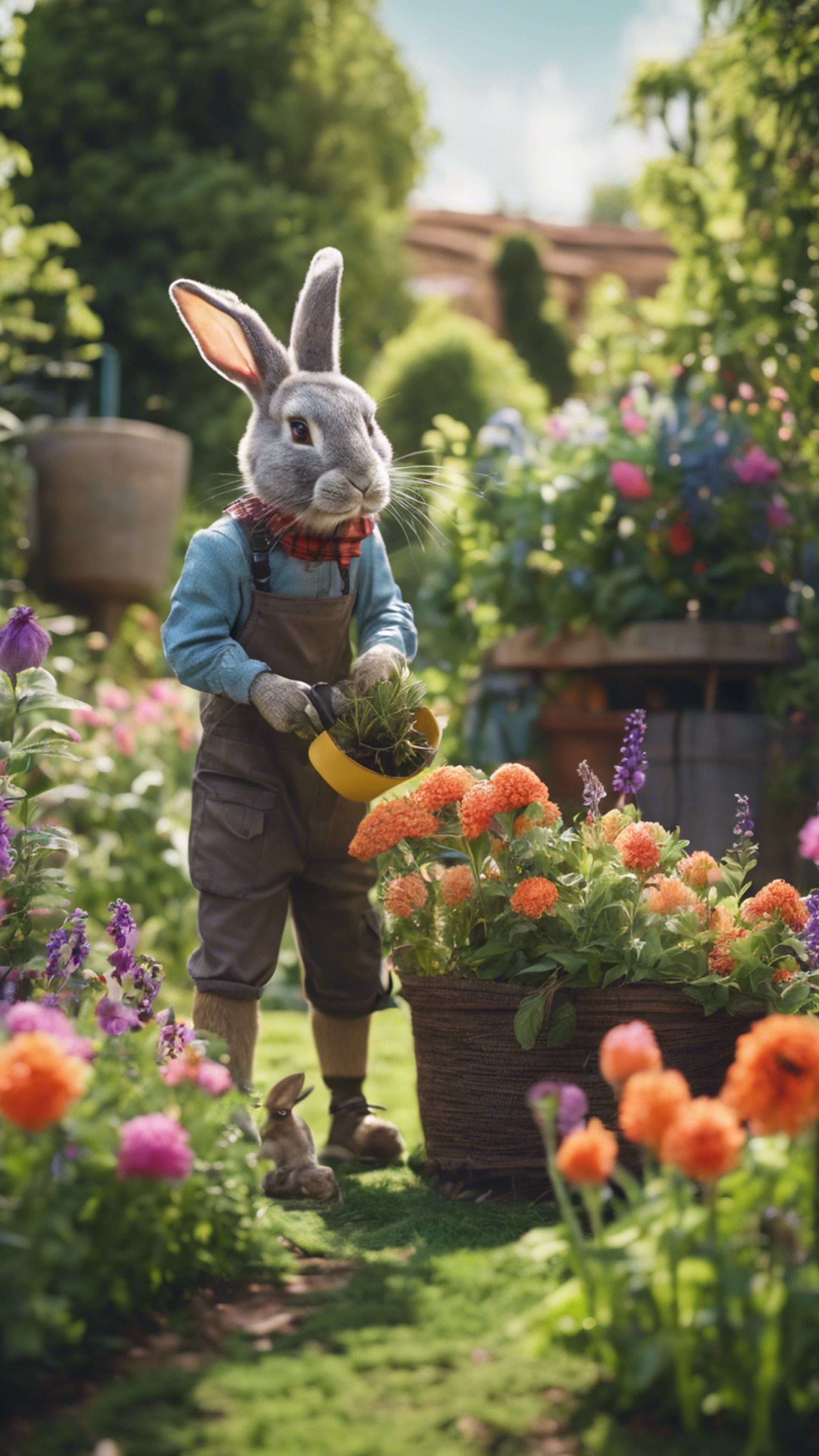 A rabbit gardener tending to vibrant flowers in a lush garden.壁紙[0e698fa077de490c84ef]