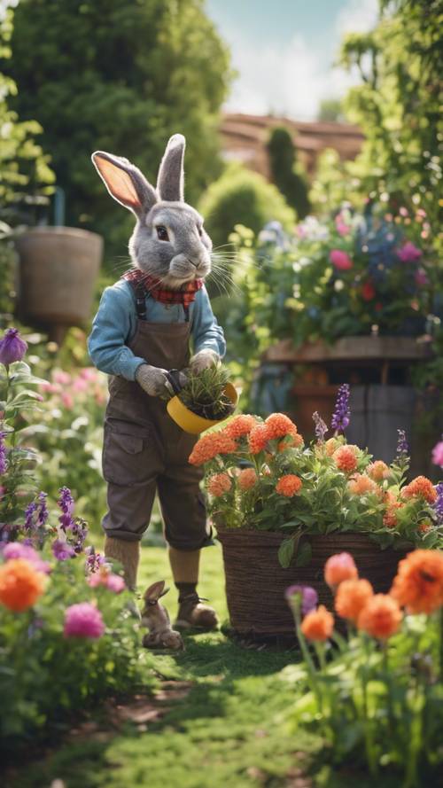 Yemyeşil bir bahçede canlı çiçeklerle ilgilenen bir tavşan bahçıvanı.