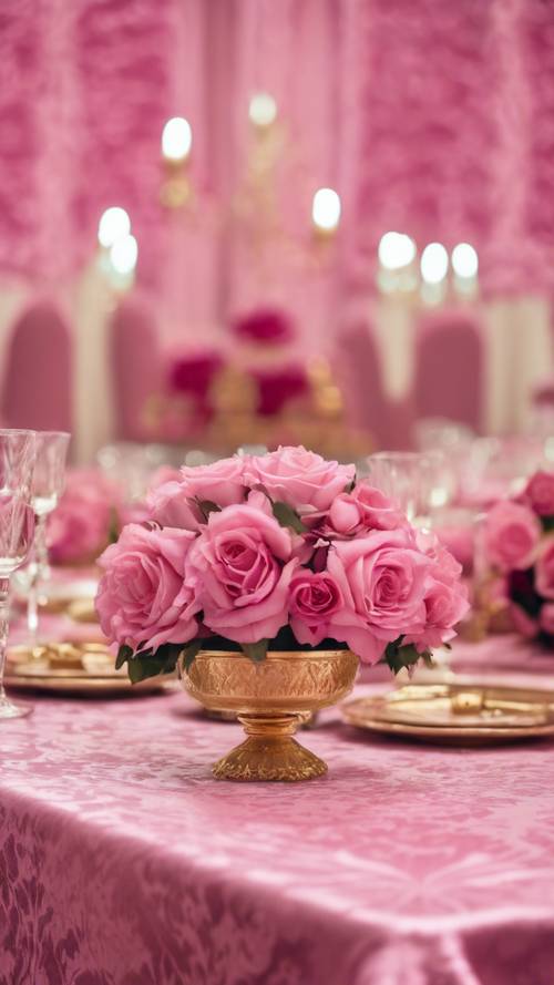 A luxurious pink damask table cloth set for a royal banquet