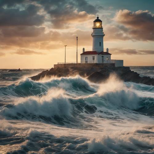A seascape featuring azure waves crashing against a lighthouse at sunset Tapet [229a67ebba6d4964ba24]
