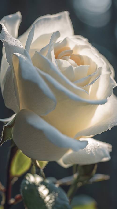 Una única rosa blanca que florece en soledad bajo la suave luz de la luna llena.