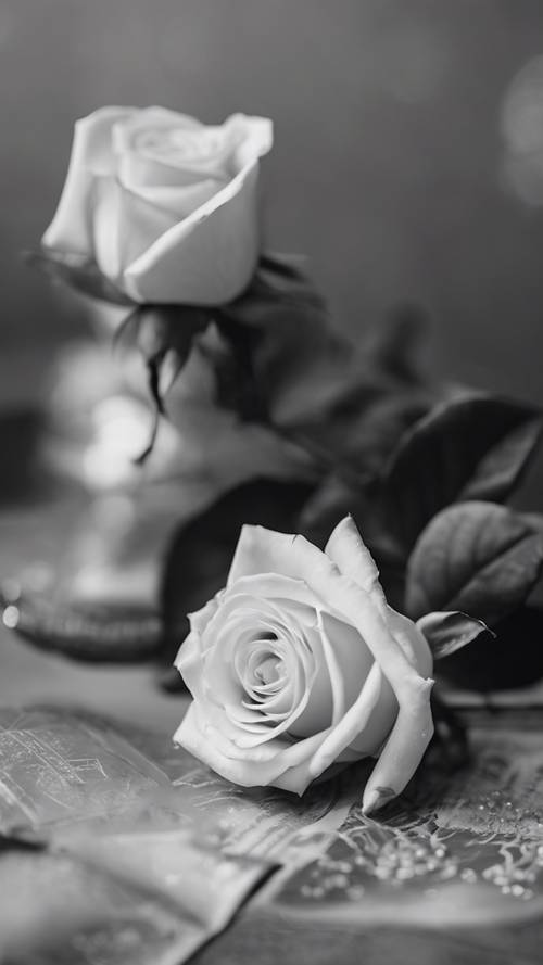 Uma rosa branca ao lado de uma imagem em preto e branco de décadas de um casal apaixonado.